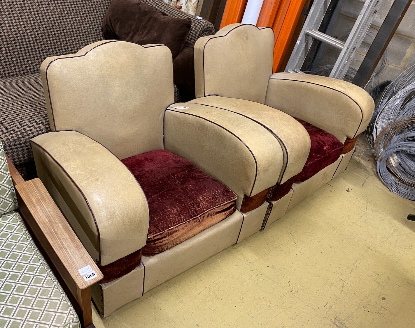 A pair of 1950's leatherette club chairs, width 85cm, depth 74cm, height 78cm